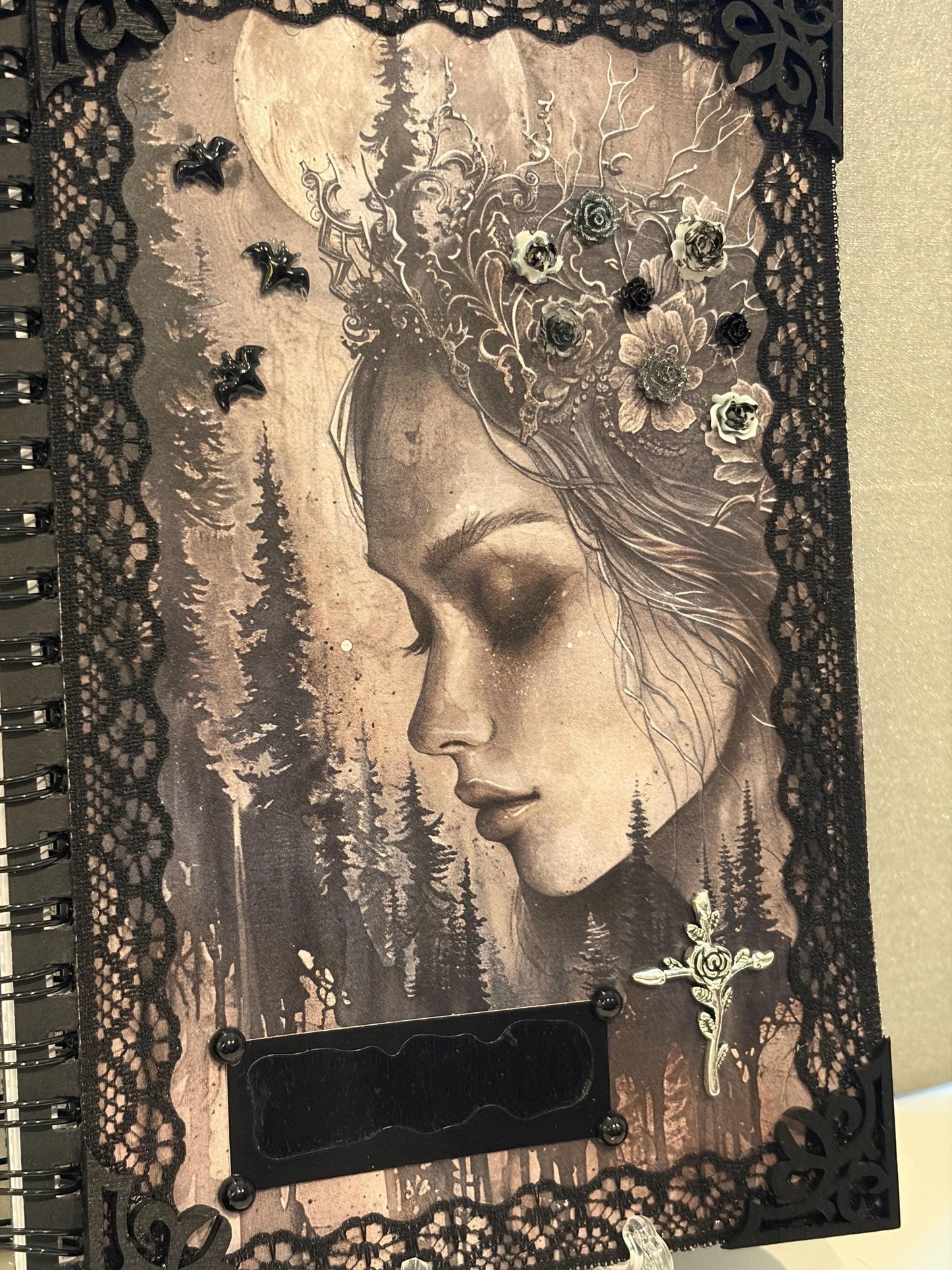 Gothic ‘Demiana’ Hand Decorated Notebook Journal Gothic Woman Bats Flowers Black Lace Hand Painted Edges Gothic Cross Dark Romance