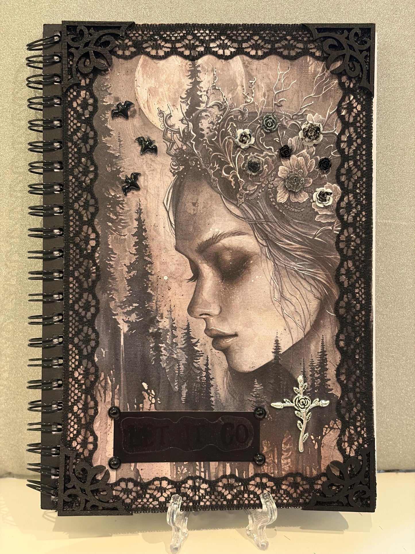 Gothic ‘Demiana’ Hand Decorated Notebook Journal Gothic Woman Bats Flowers Black Lace Hand Painted Edges Gothic Cross Dark Romance