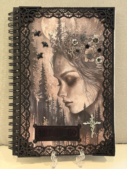 Gothic ‘Demiana’ Hand Decorated Notebook Journal Gothic Woman Bats Flowers Black Lace Hand Painted Edges Gothic Cross Dark Romance