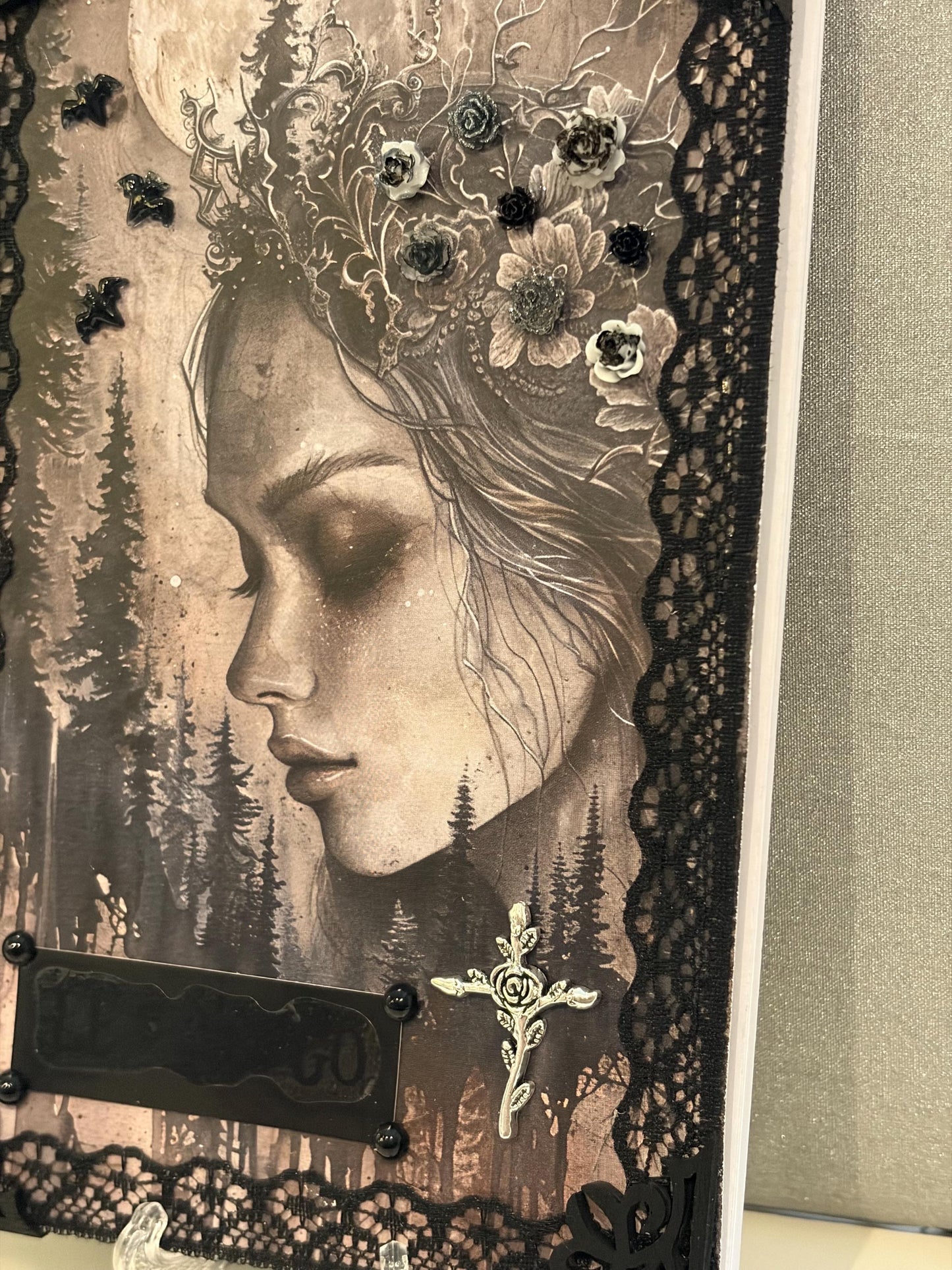 Gothic ‘Demiana’ Hand Decorated Notebook Journal Gothic Woman Bats Flowers Black Lace Hand Painted Edges Gothic Cross Dark Romance