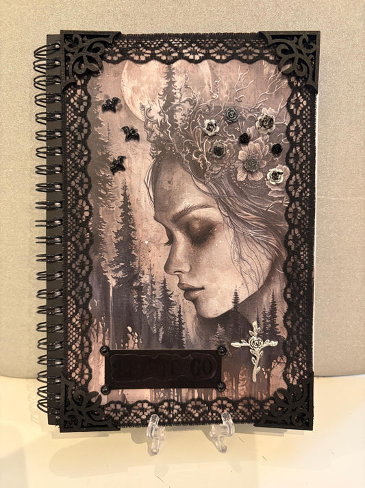 Gothic ‘Demiana’ Hand Decorated Notebook Journal Gothic Woman Bats Flowers Black Lace Hand Painted Edges Gothic Cross Dark Romance