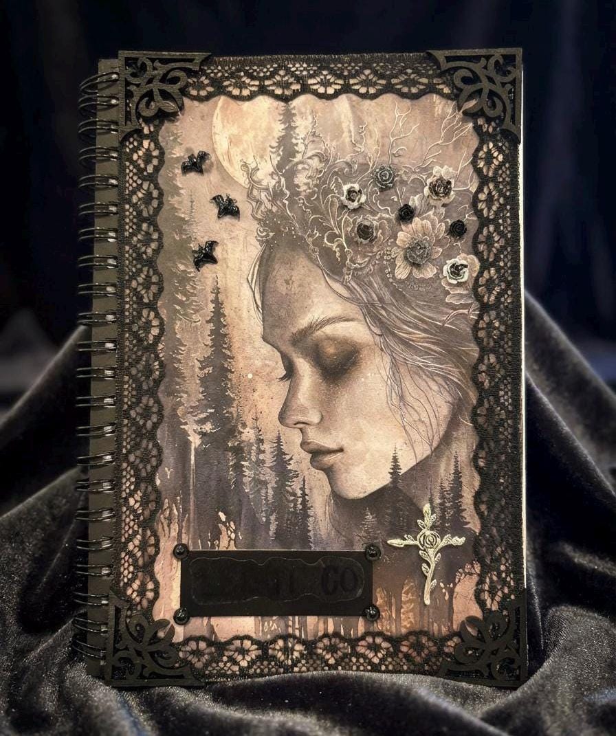 Gothic ‘Demiana’ Hand Decorated Notebook Journal Gothic Woman Bats Flowers Black Lace Hand Painted Edges Gothic Cross Dark Romance