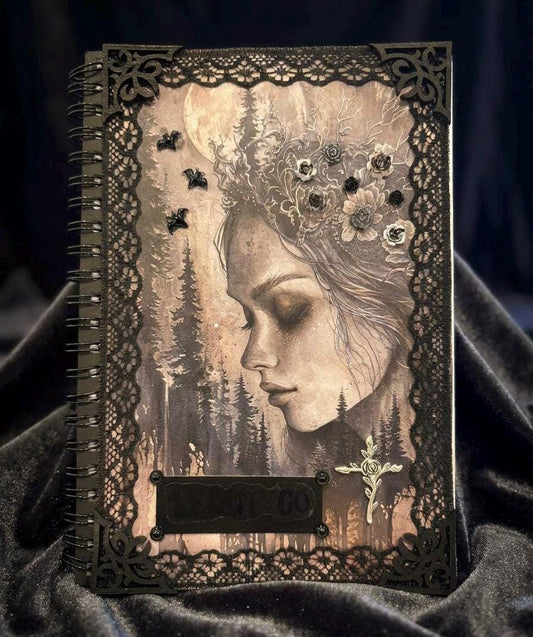Gothic ‘Demiana’ Hand Decorated Notebook Journal Gothic Woman Bats Flowers Black Lace Hand Painted Edges Gothic Cross Dark Romance